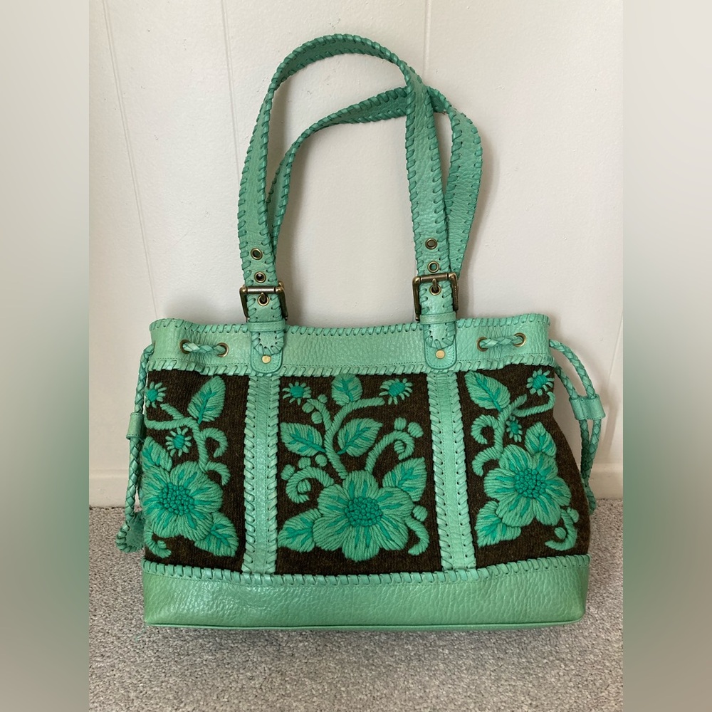NWOT Y2K Isabella Fiore Green Floral Embroidered Shoulder Bag tote handbag Purse